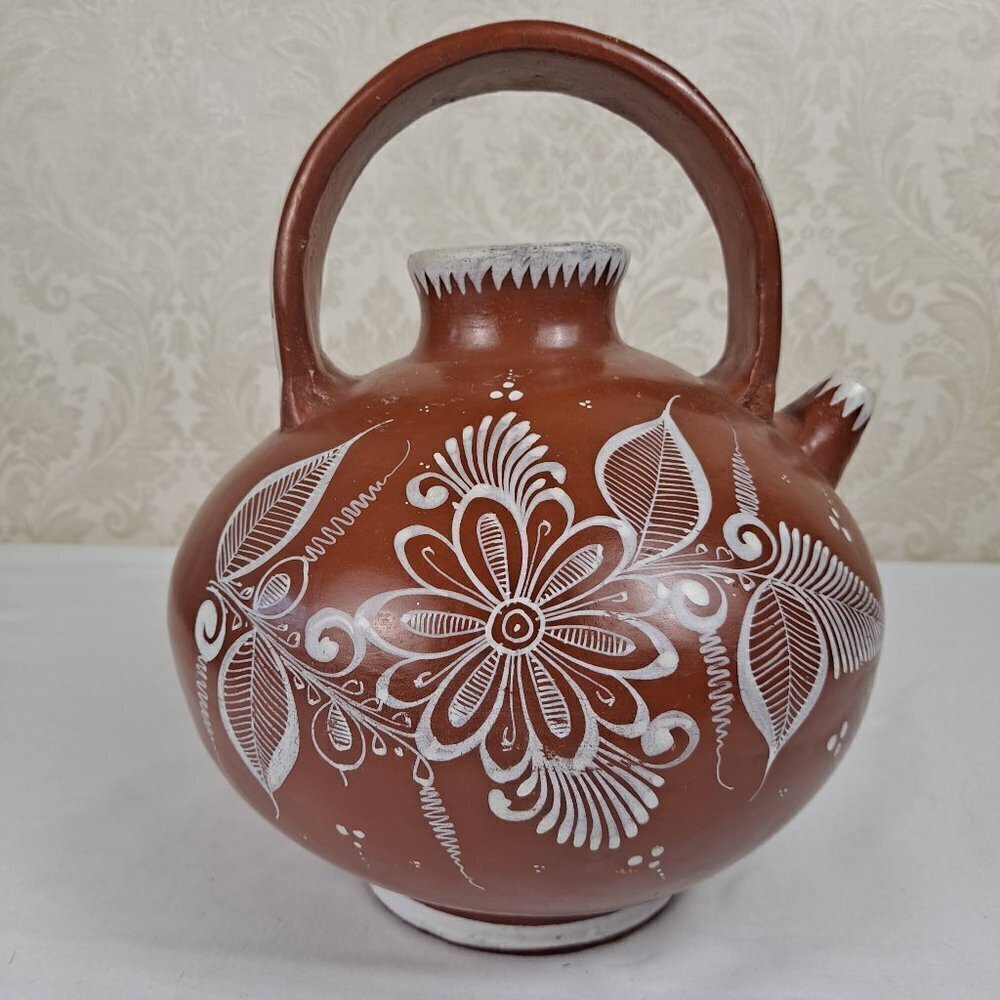Mexican Clay Pottery Water Pitcher Terracotta White Floral Designs Top Handle